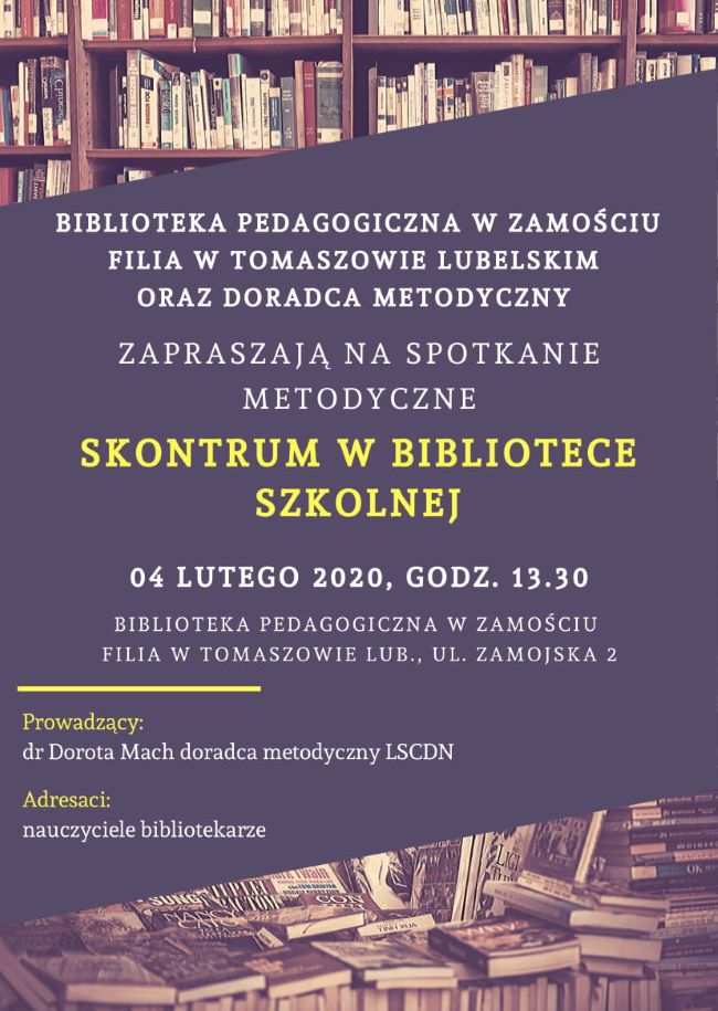 Plakat: Skontrum w bibliotece szkolnej. Zawiera treści opisane w opublikowanej informacji